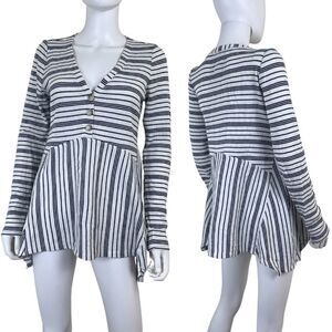Maeve Women Size S White Striped Waffle Knit Peplum Babydoll Striped Henley Top